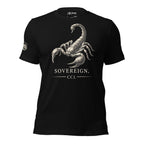 Black t-shirt with a scorpion graphic and 'Sovereign CCL' text on a white background