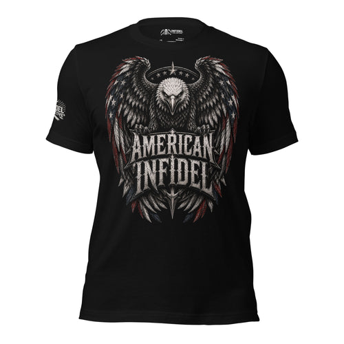 Front view of black tee featuring bald eagle with raised wings shield and American Infidel text