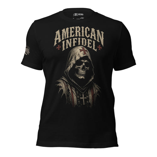 Front view of black tee featuring hooded skull with iron cross and American Infidel text