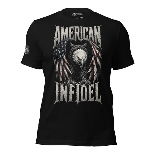 Front view of black tee featuring bald eagle draped in the American flag with American Infidel text