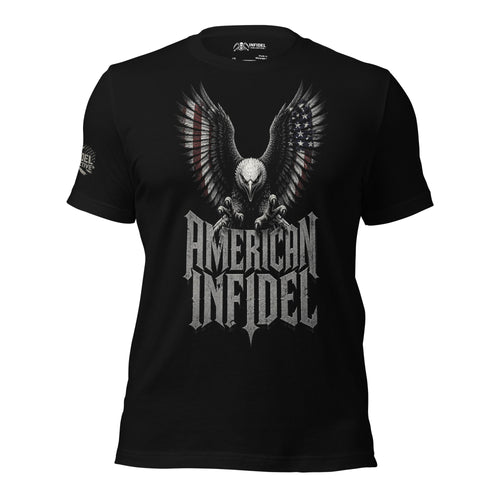 Front view of black tee featuring spread-wing bald eagle with spiked American flag feathers and American Infidel text