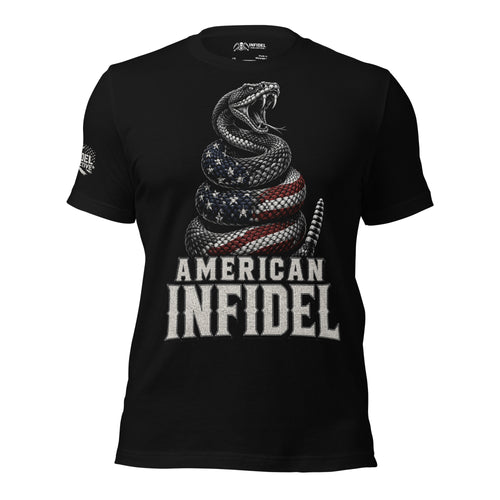 Front view of black tee featuring American flag rattlesnake with American Infidel text
