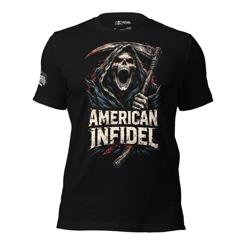 Front view of black tee featuring American Infidel hooded reaper carrying a scythe design