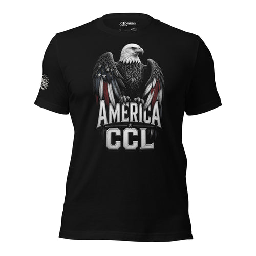 Front view of black tee featuring bald eagle with American flag wings and America CCL text