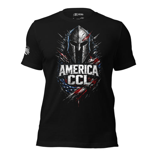 Front view of black tee featuring cracked Spartan helmet with America CCL text and red white and blue energy