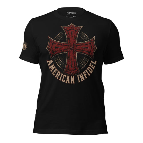 Front view of black tee featuring distressed red iron cross with American Infidel text