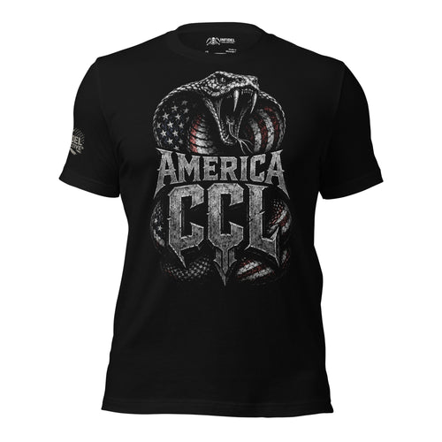 Front view of black tee featuring American flag cobra rising behind America CCL text