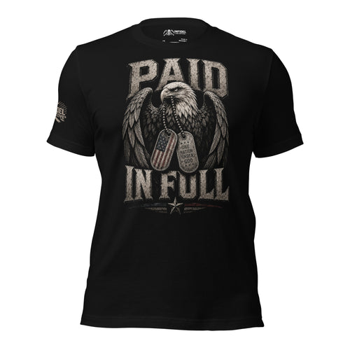 Front view of black tee featuring bald eagle and military dog tags with Paid in Full text
