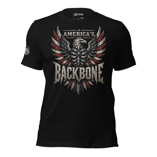 Front view of black tee featuring armored bald eagle with American flag wings and America's Backbone text