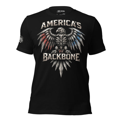 Front view of black tee featuring America's Backbone armored bald eagle in red, white, and blue design