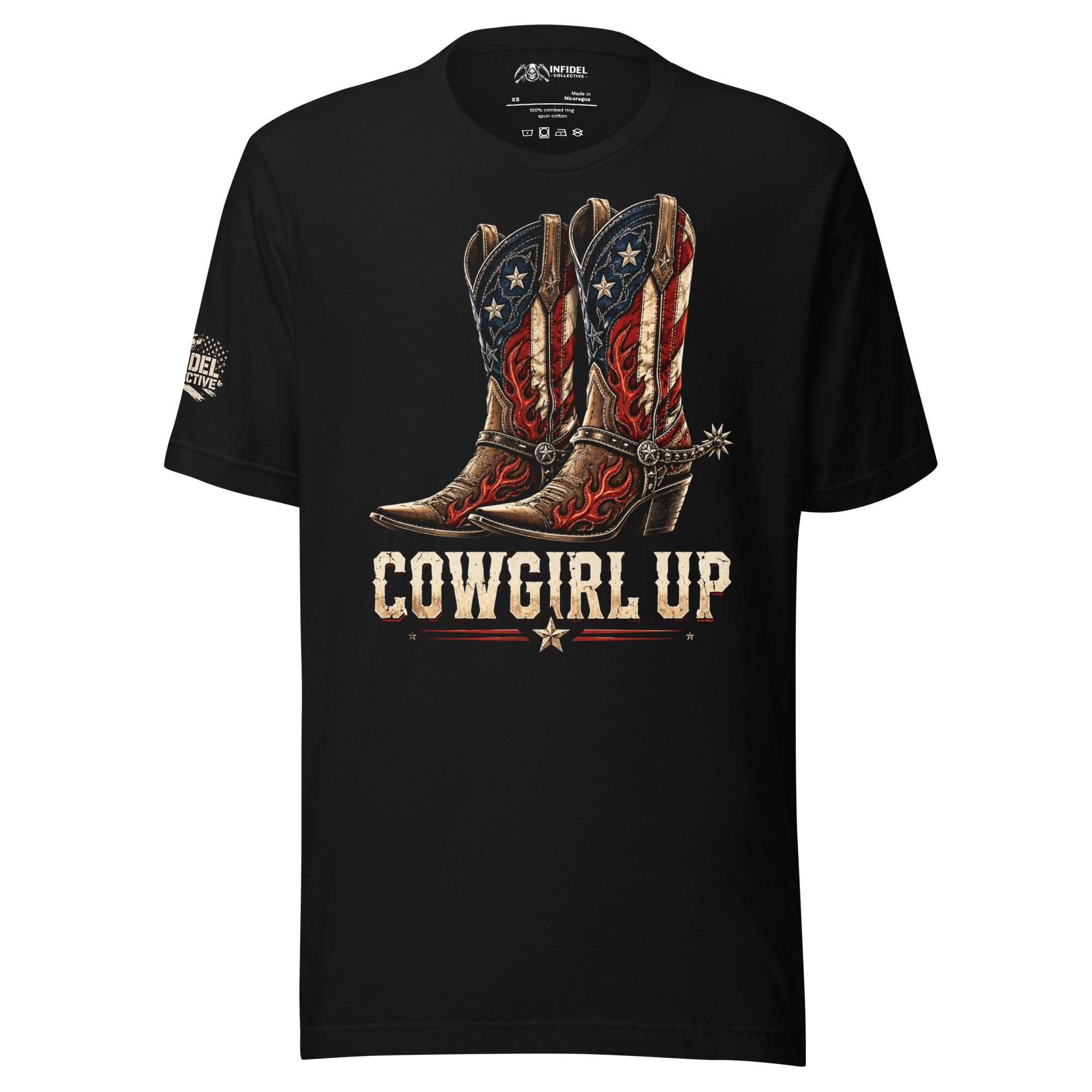 American flag cowboy boots with red flame detailing and Cowgirl Up text on black front print tee