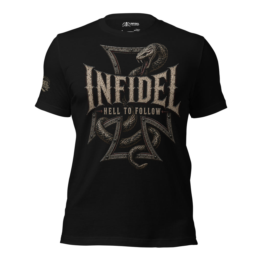 Infidel Hell to Follow iron cross rattlesnake front print black tee from Infidel Collective