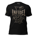 Infidel Hell to Follow iron cross rattlesnake front print black tee from Infidel Collective