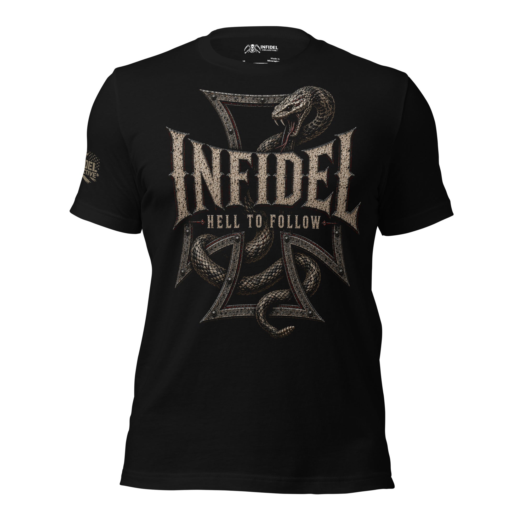 Infidel Hell to Follow iron cross rattlesnake front print black tee from Infidel Collective