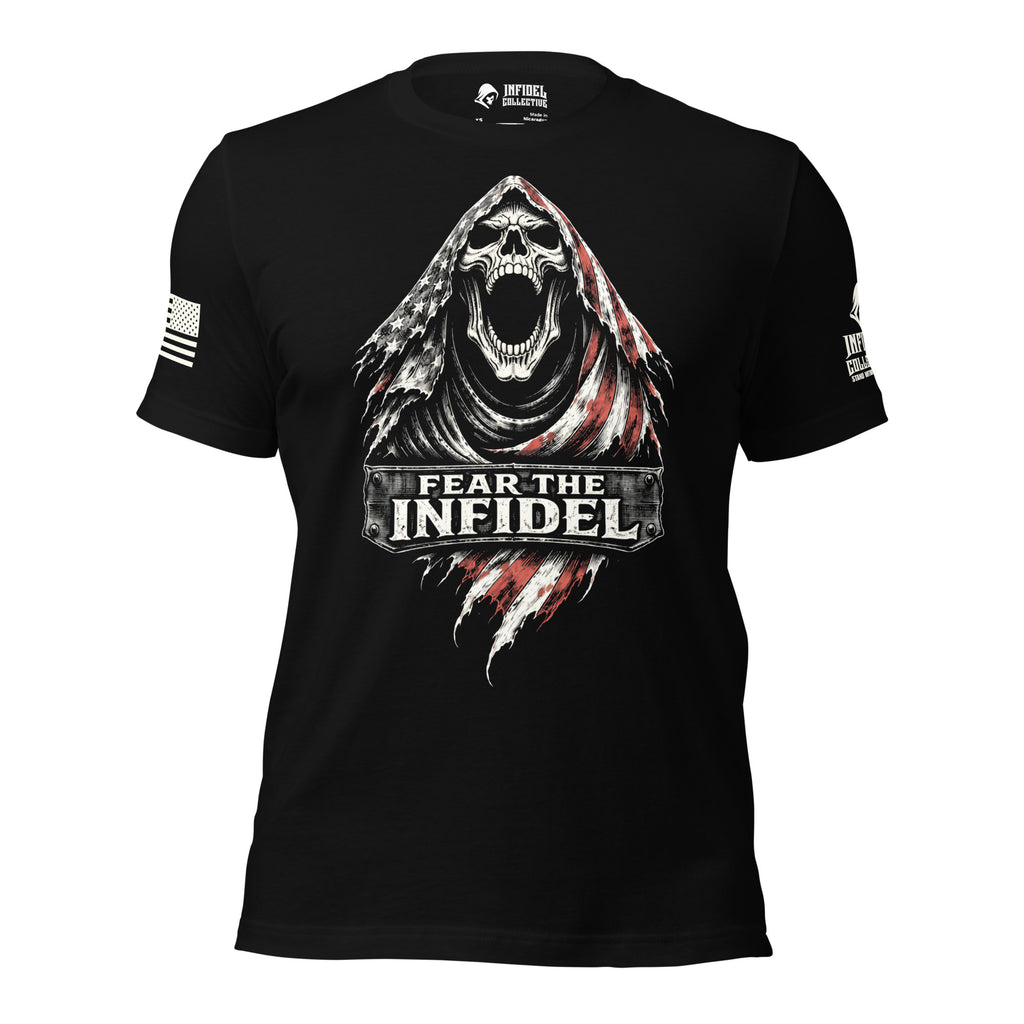Full front view of black tee with screaming hooded skull, red and white streaks, and “FEAR THE INFIDEL”