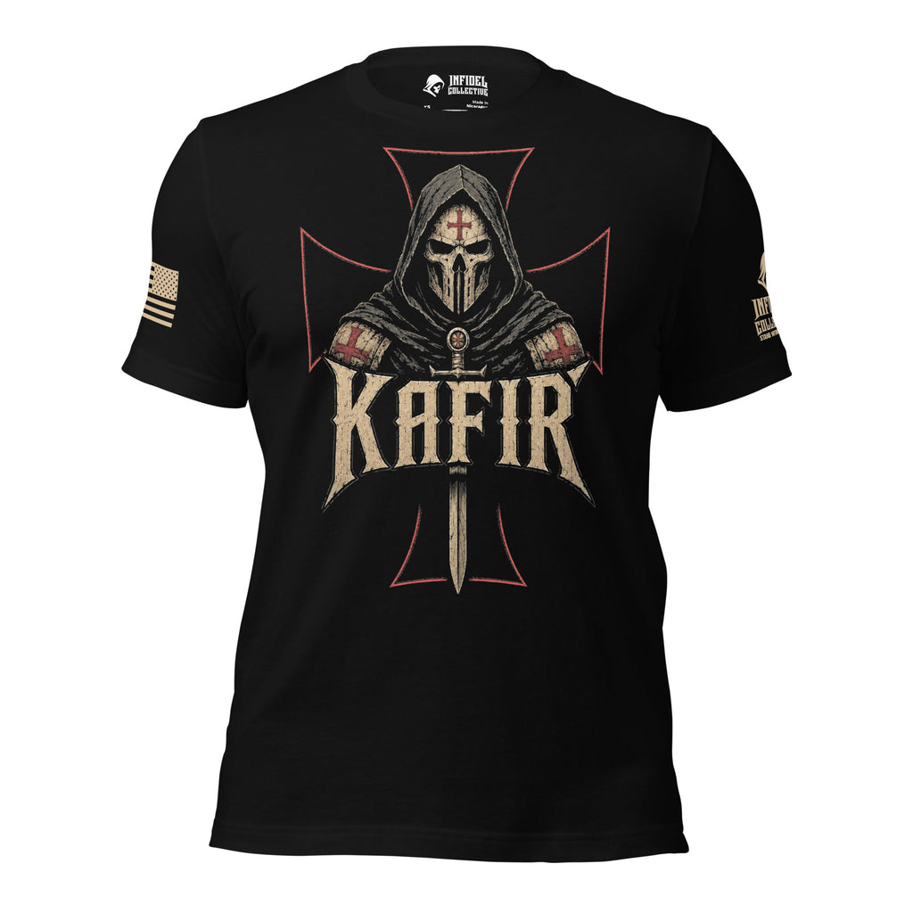 Full front view of black tee with hooded crusader helmet, red outlined cross, and “KAFIR” design