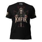 Full front view of black tee with hooded crusader helmet, red outlined cross, and “KAFIR” design