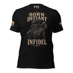 Full front view of black tee with masked colonial frontiersman, axe, and “BORN DEFIANT INFIDEL” design