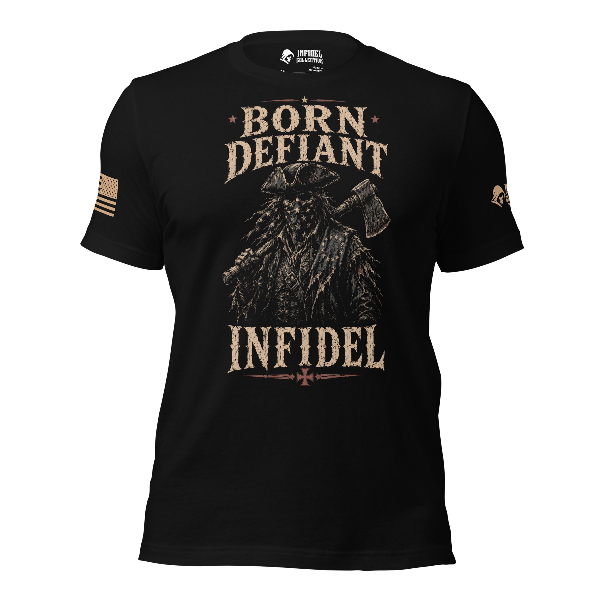 Full front view of black tee with masked colonial frontiersman, axe, and “BORN DEFIANT INFIDEL” design