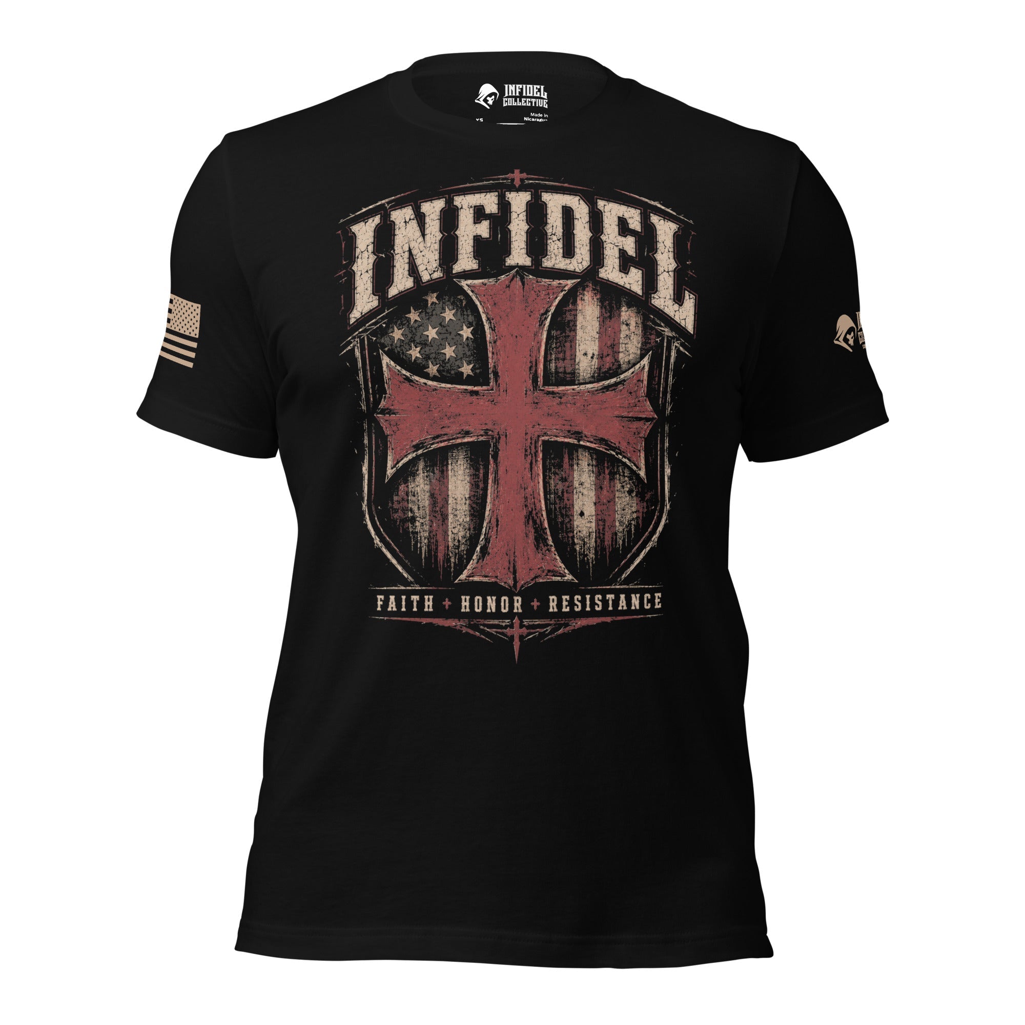 Full front view of black tee with American flag shield, red cross, and “FAITH HONOR RESISTANCE” design