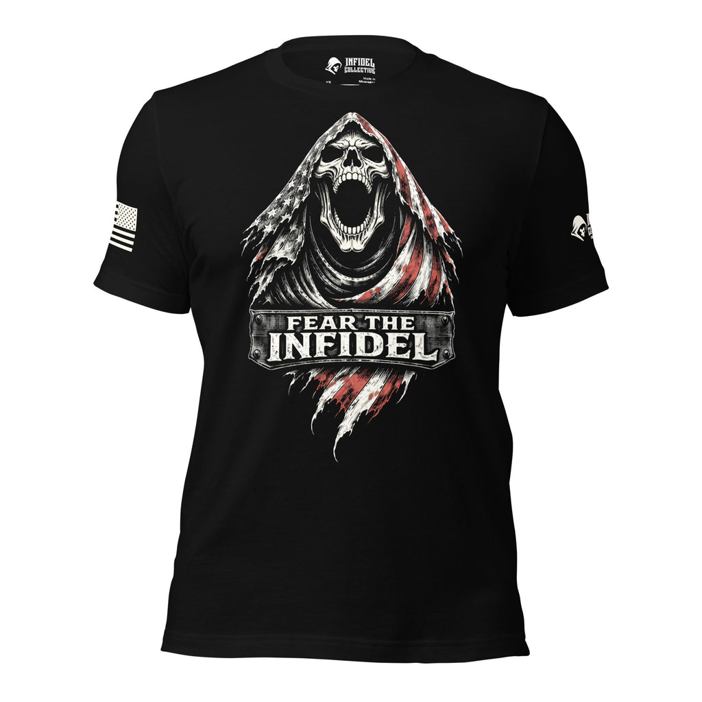 Alternate straight-on front view of black Fear the Infidel hooded skull tee