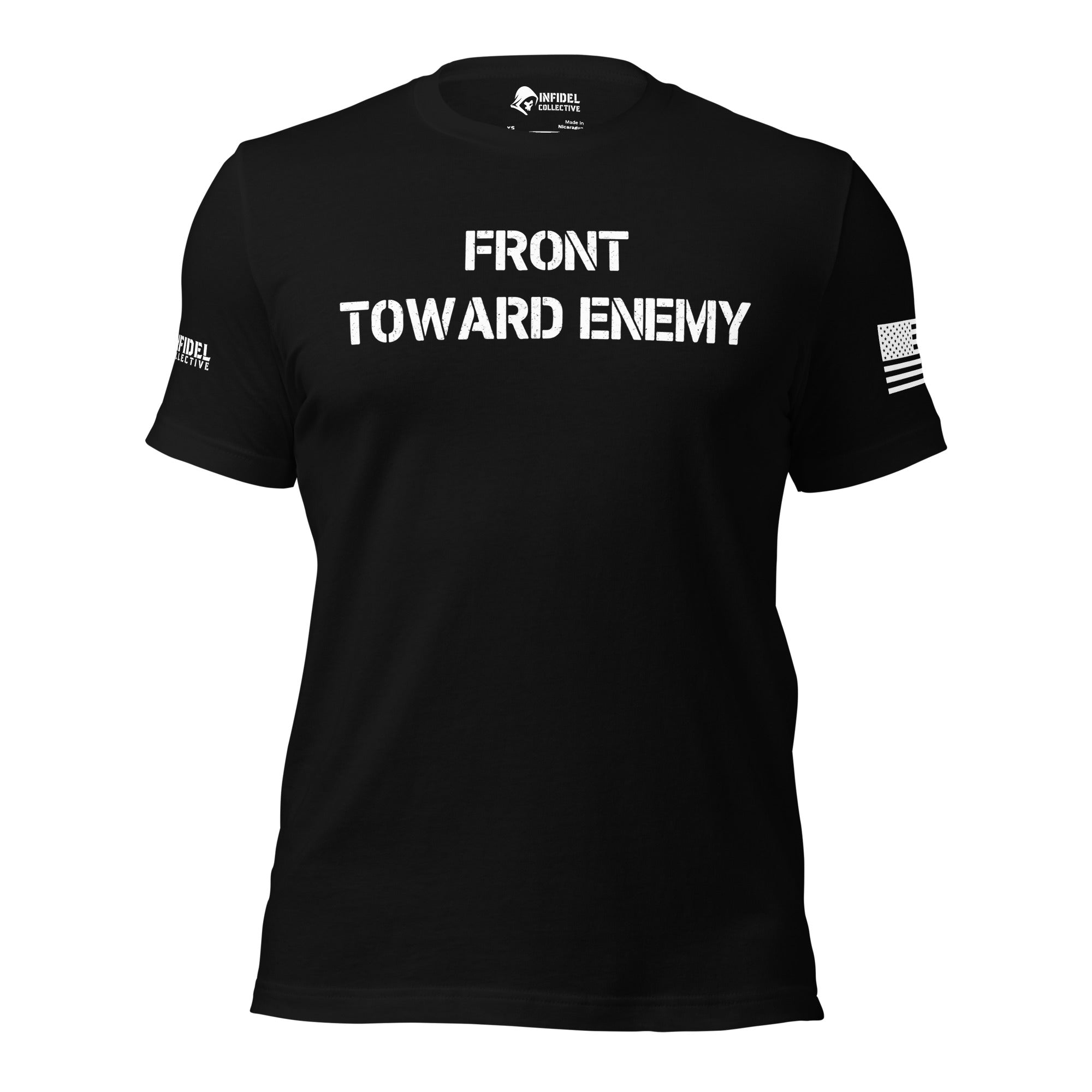 Front view of black tee with “FRONT TOWARD ENEMY” chest print