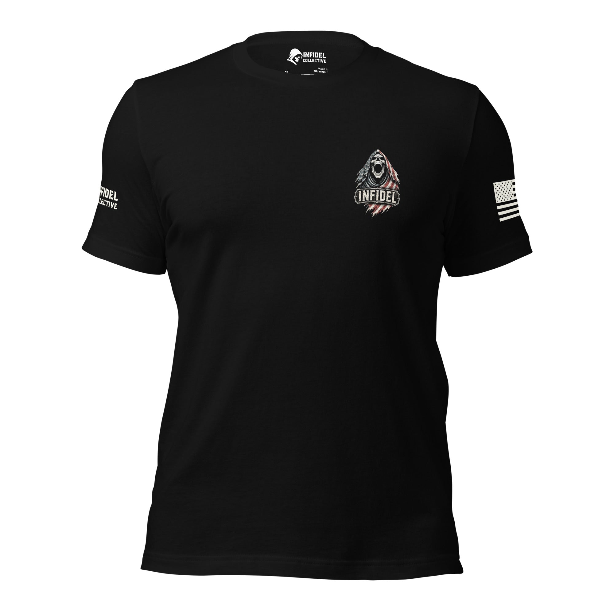 Front view of black tee with small Fear the Infidel hooded skull print on the left chest