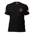 Front view of black tee with small red cross and skull on the left chest