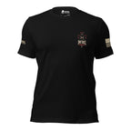 Front view of black tee with small hooded knight, red cross, and “INFIDEL” left-chest print