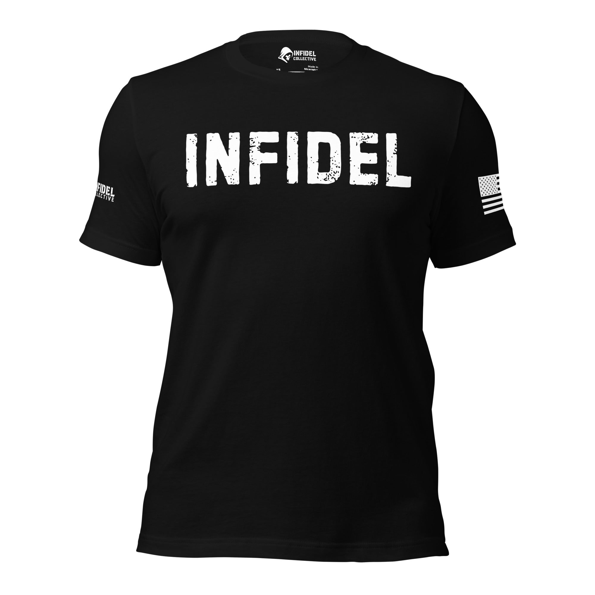 Front view of black tee with large distressed white “INFIDEL” lettering