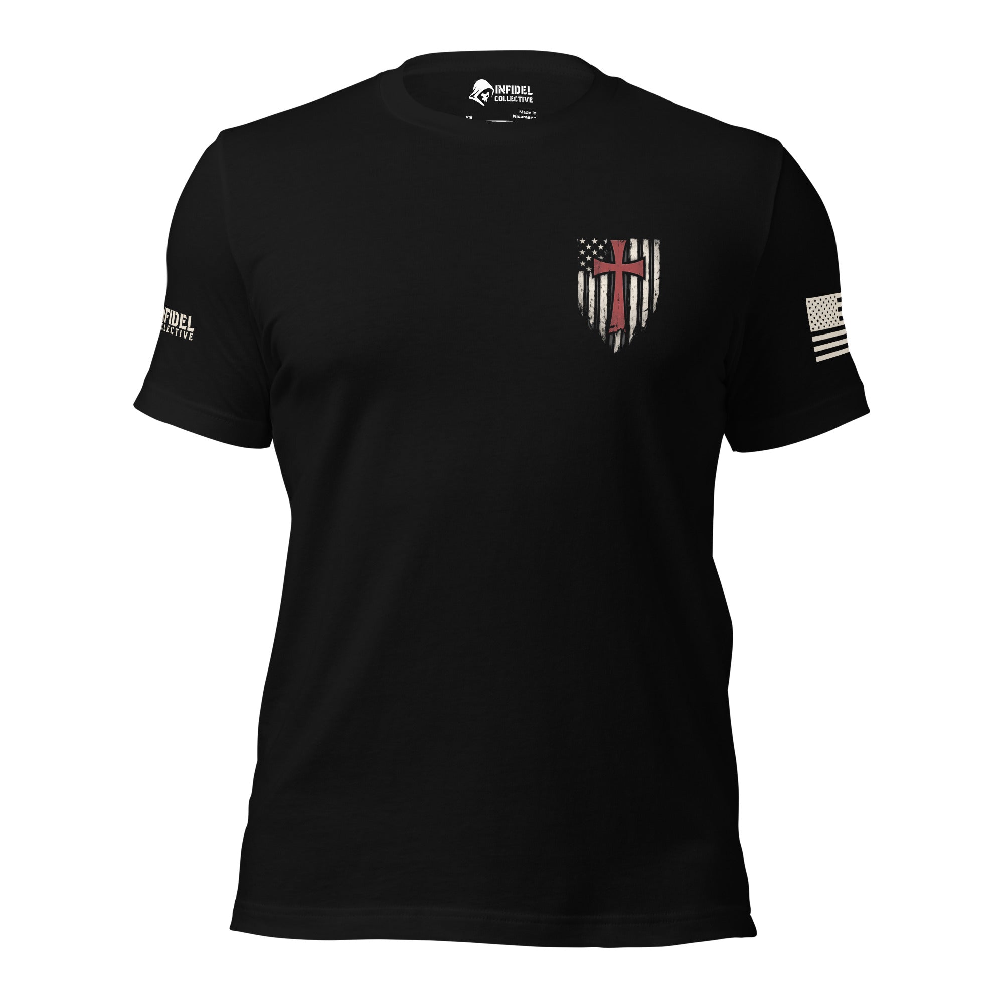 Front view of black tee with small American flag shield and red cross on the left chest