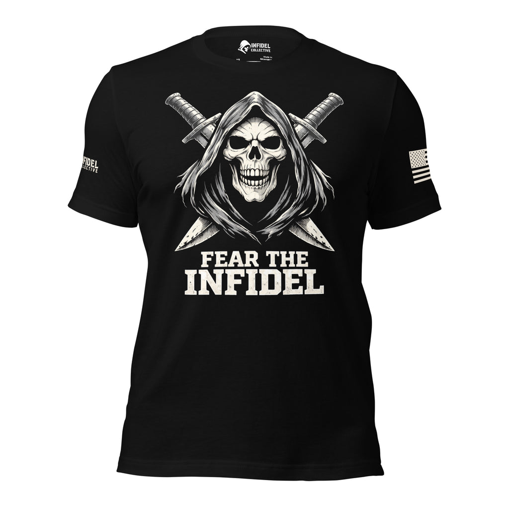 Front view of black tee with hooded skull reaper, crossed swords, and “FEAR THE INFIDEL” design