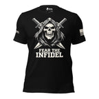 Front view of black tee with hooded skull reaper, crossed swords, and “FEAR THE INFIDEL” design