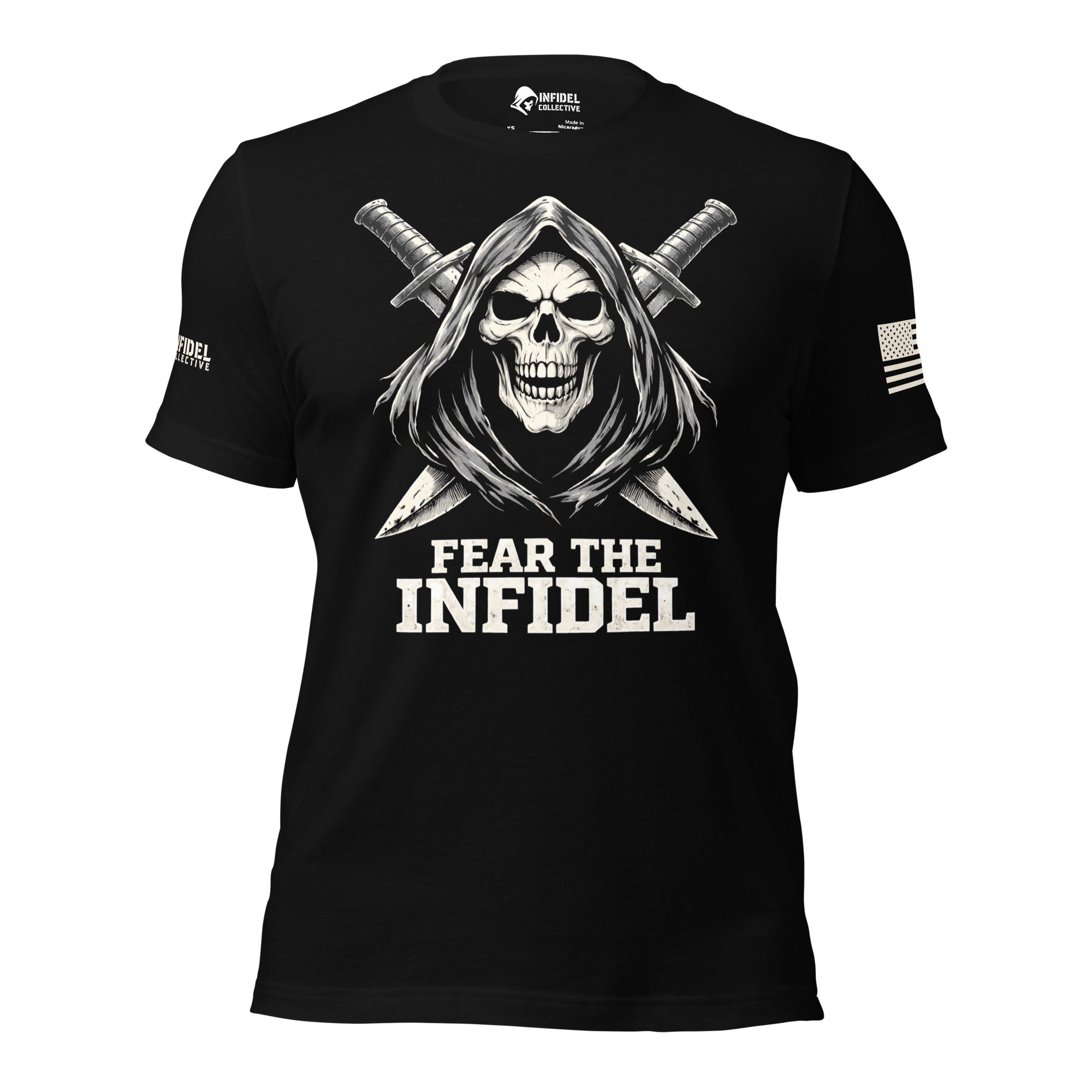 Front view of black tee with hooded skull reaper, crossed swords, and “FEAR THE INFIDEL” design