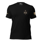 Front view of black tee with small Last to Kneel crusader print on the left chest