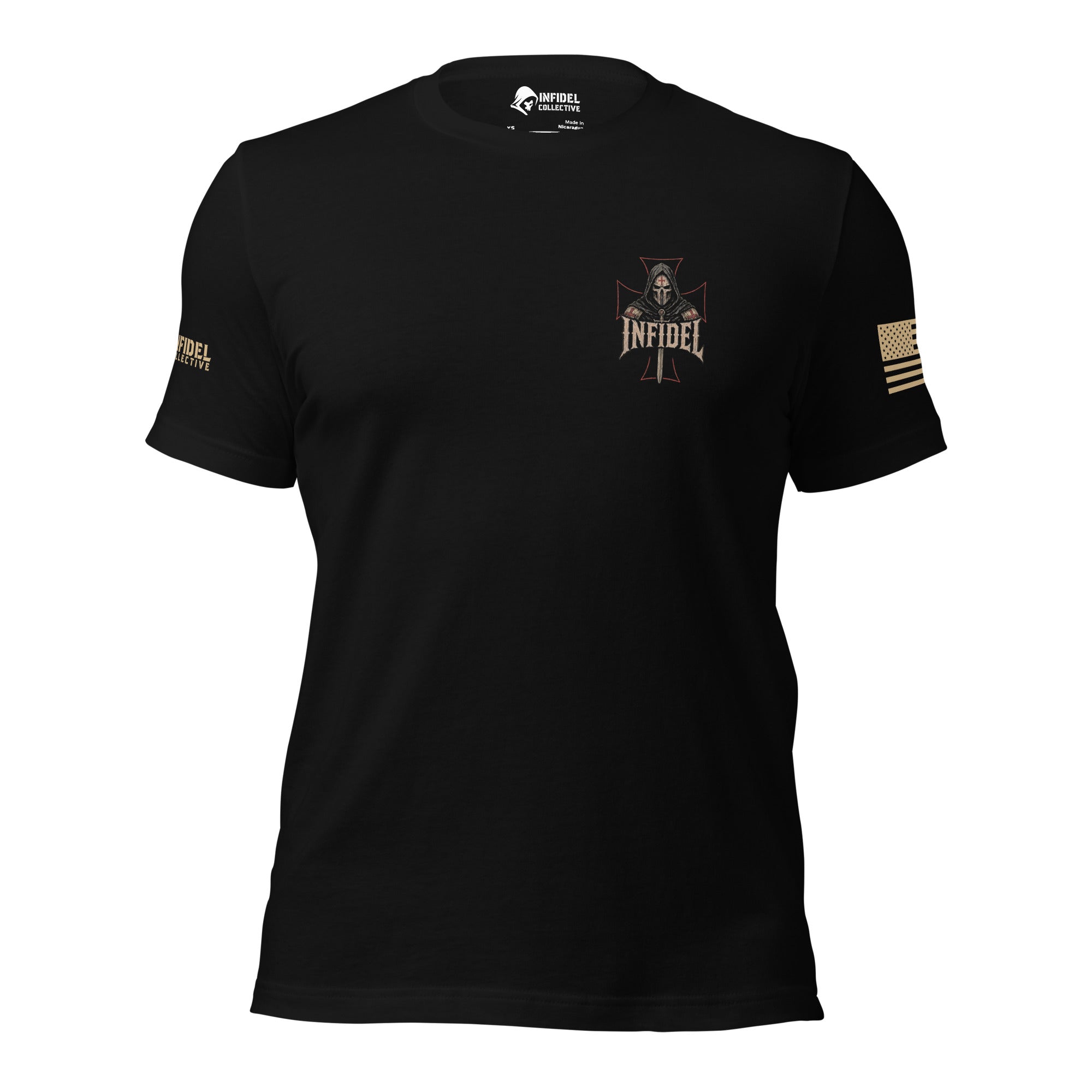 Front view of black tee with small Last to Kneel crusader print on the left chest