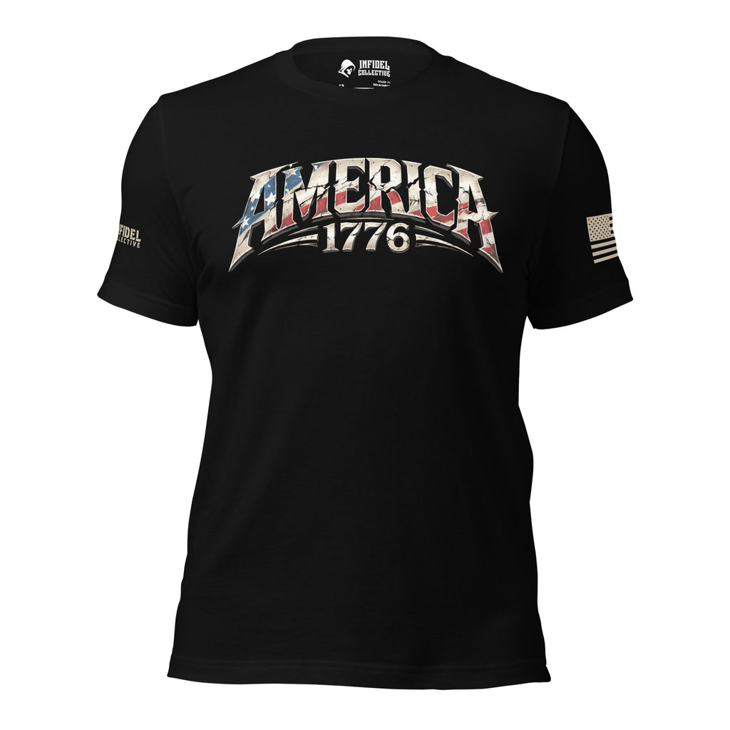 Front view of black tee with red, white, and blue “AMERICA 1776” design