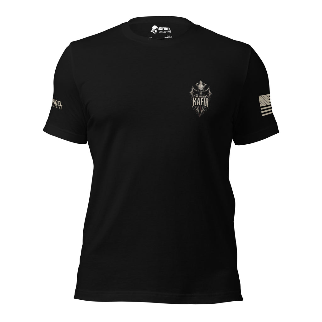 Front view of black tee with small Kafir skull and cross print on the left chest