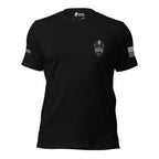 Front view of black tee with small Kafir skull and cross print on the left chest