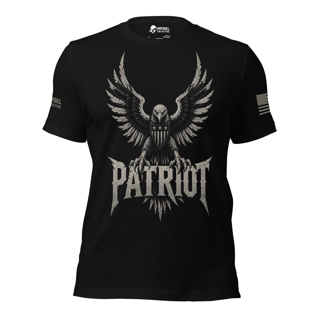 Front view of black tee with spread-wing eagle, American flag shield, and “PATRIOT” design