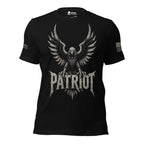 Front view of black tee with spread-wing eagle, American flag shield, and “PATRIOT” design