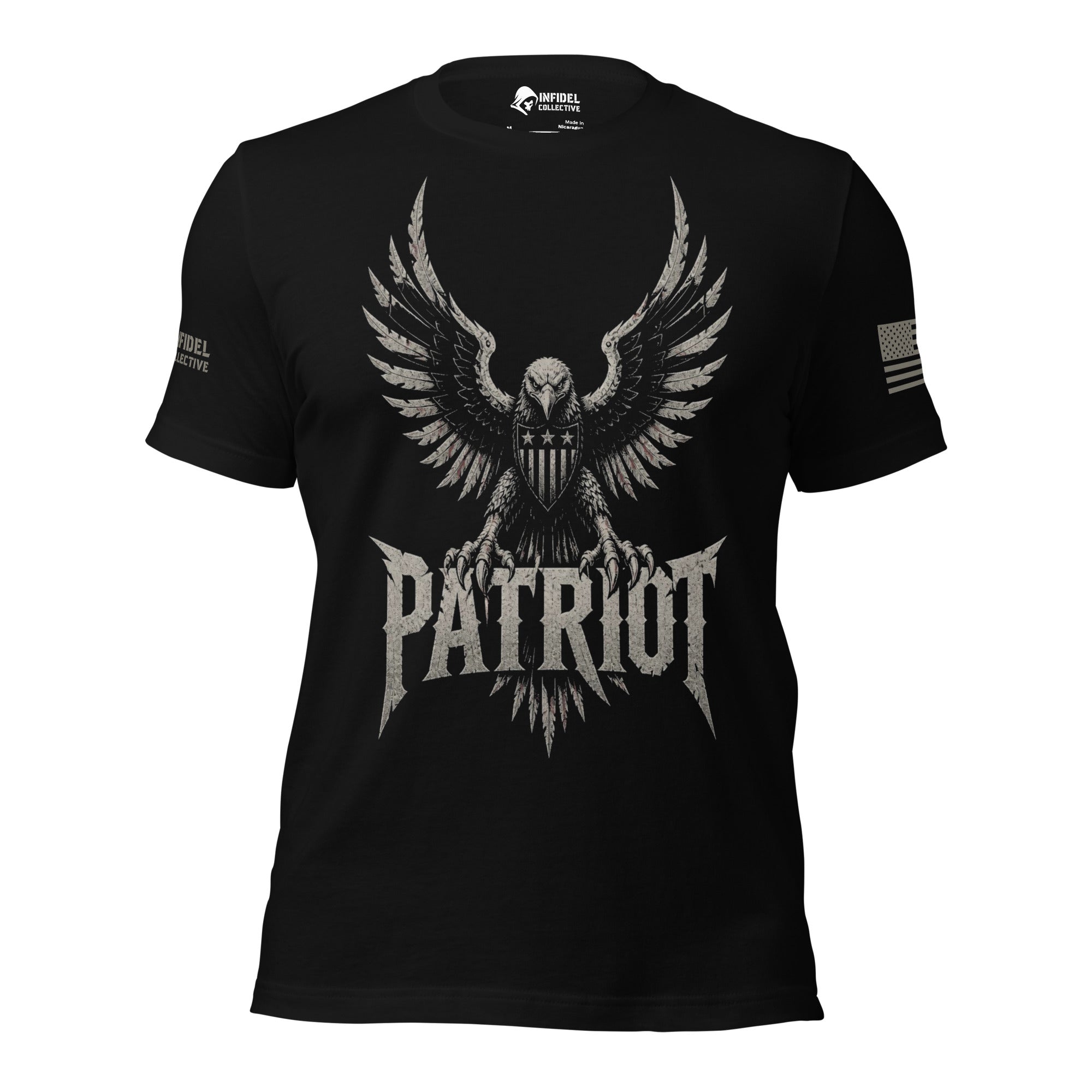 Front view of black tee with spread-wing eagle, American flag shield, and “PATRIOT” design