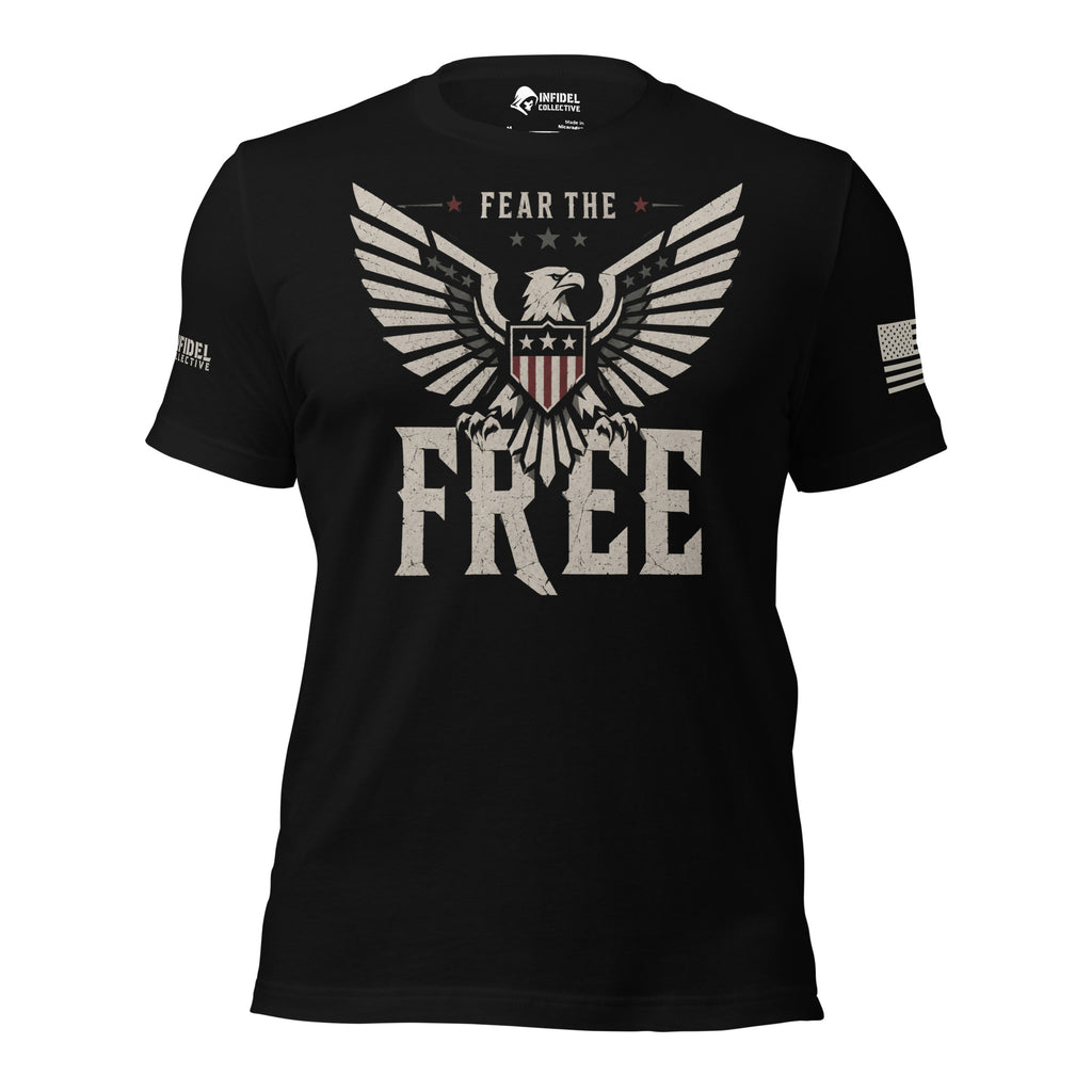 Front view of black tee with spread-wing eagle, American flag shield, and “FEAR THE FREE” design