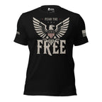 Front view of black tee with spread-wing eagle, American flag shield, and “FEAR THE FREE” design