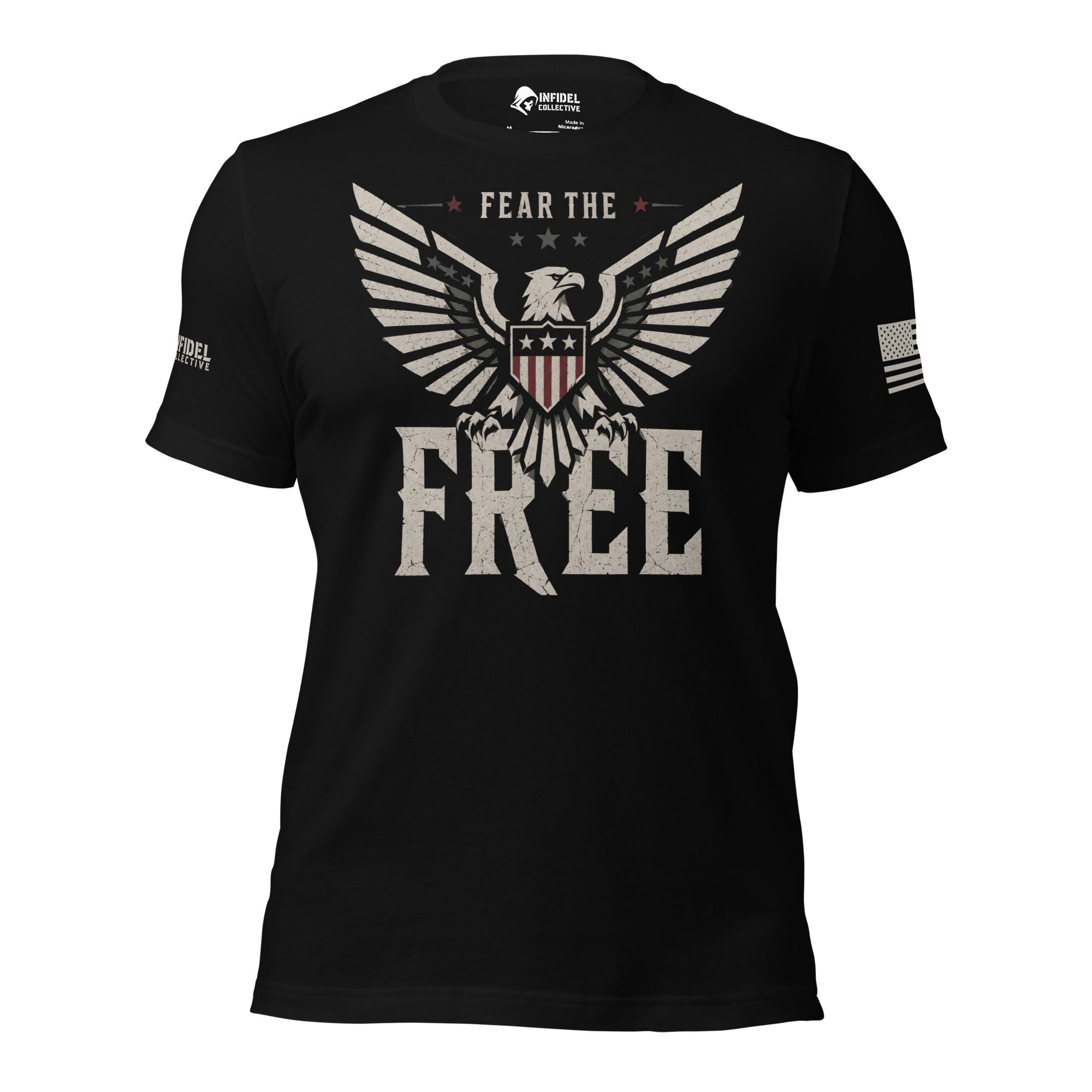 Front view of black tee with spread-wing eagle, American flag shield, and “FEAR THE FREE” design