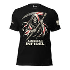 Front view of black tee with red, white, and blue hooded reaper, scythe, and “AMERICAN INFIDEL” design