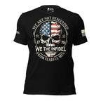 Front view of black tee with American flag skull, “1776,” and “WE ARE NOT DESCENDED FROM FEARFUL MEN” design