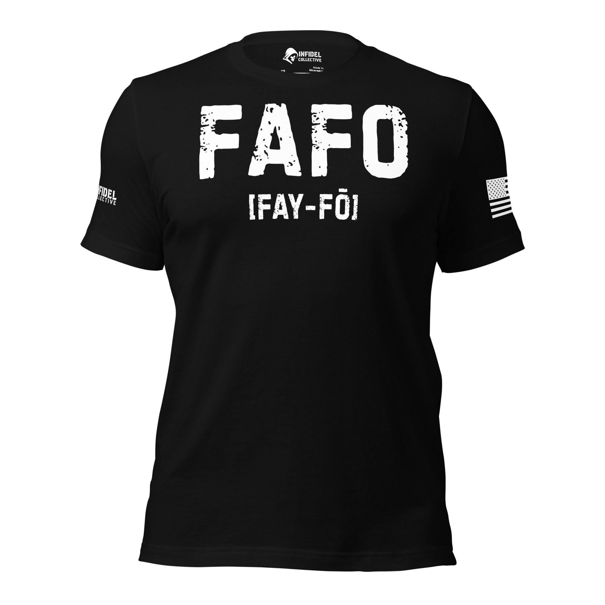 Front view of black tee with large distressed “FAFO” lettering and pronunciation