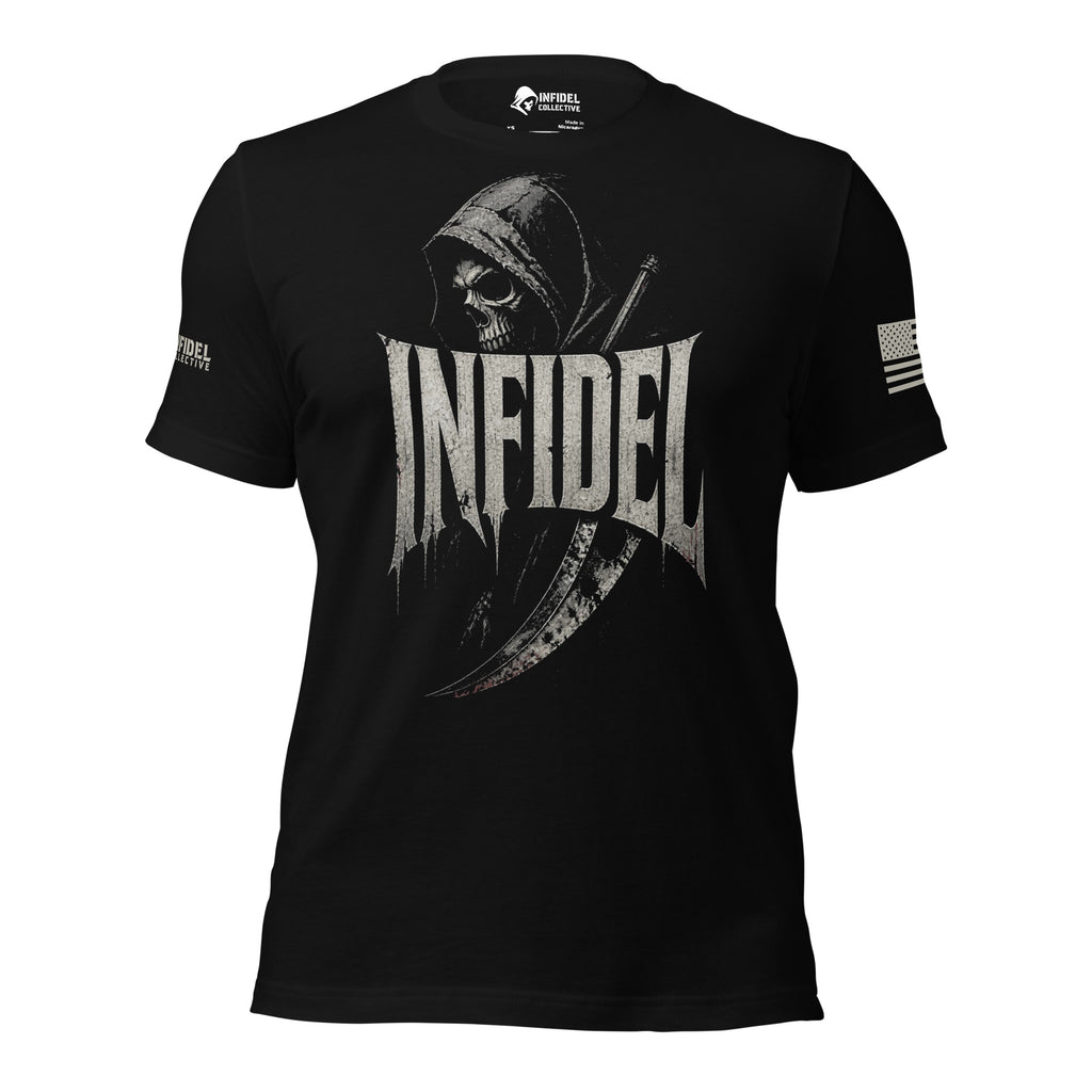 Front view of black tee with hooded reaper, scythe, and large “INFIDEL” design