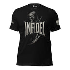 Front view of black tee with hooded reaper, scythe, and large “INFIDEL” design
